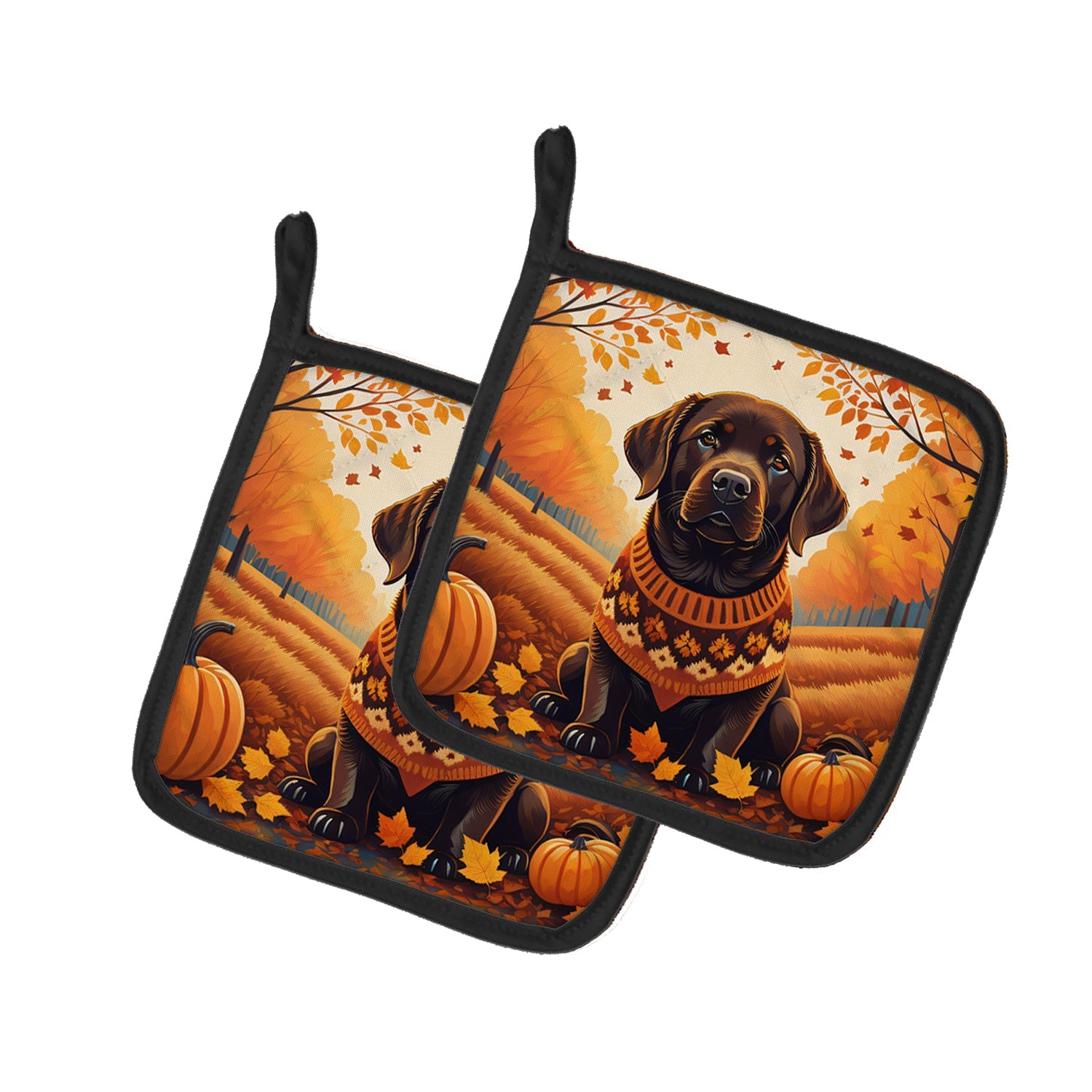 Chocolate Labrador Retriever Fall Pot Holder Set of 2 Heat Resistant Quilted Hot Pads 7.5 x 7.5 Inch, Insulated Kitchen Trivets for Cooking & Baking