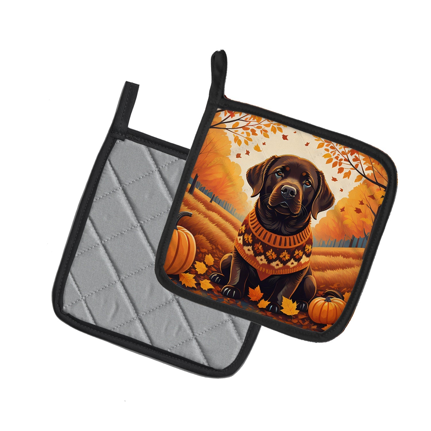 Chocolate Labrador Retriever Fall Pot Holder Set of 2 Heat Resistant Quilted Hot Pads 7.5 x 7.5 Inch, Insulated Kitchen Trivets for Cooking & Baking