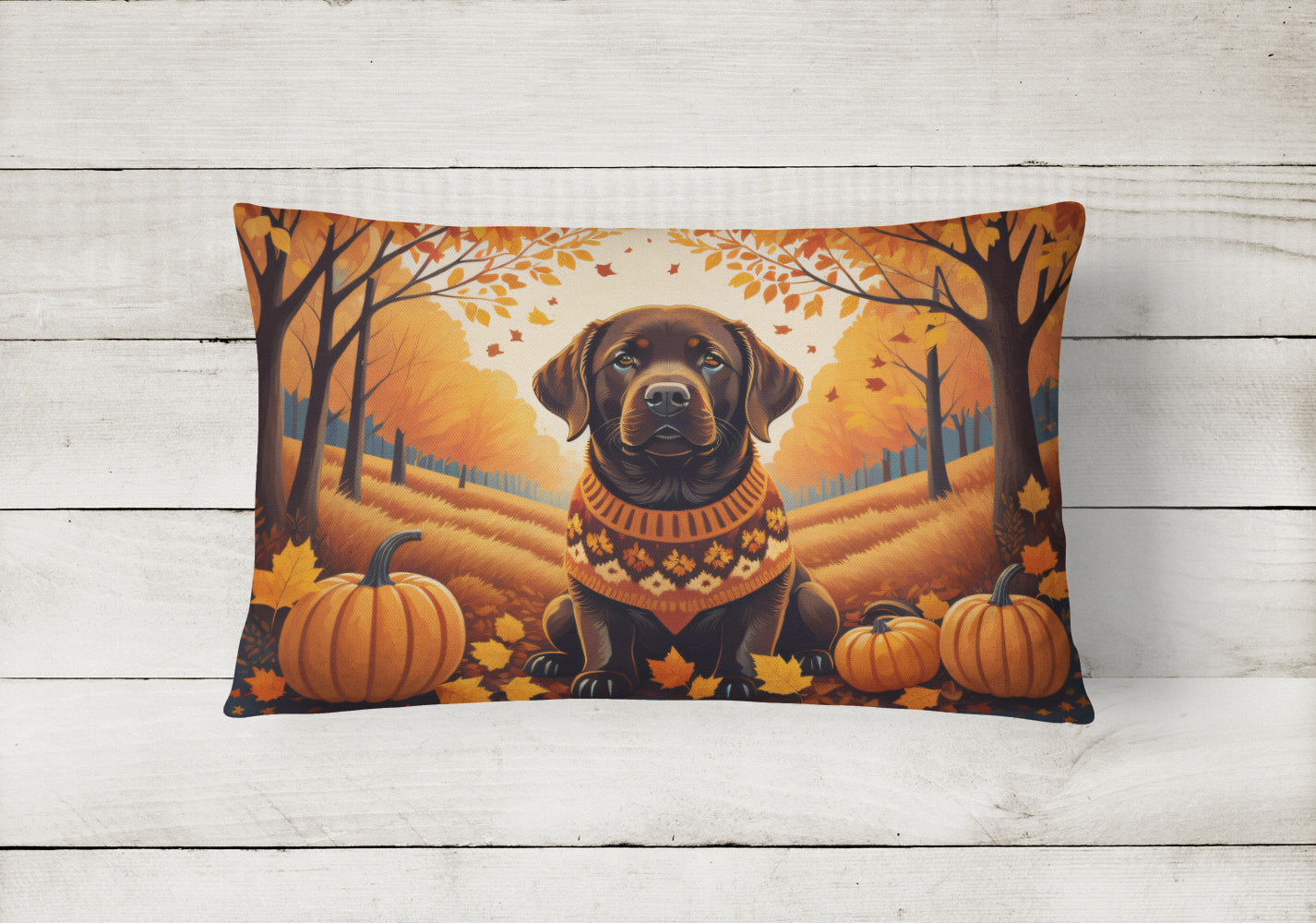 Chocolate Labrador Retriever Fall Decorative Throw Pillow 12x16 Indoor Outdoor Accent Cushion, Fabric Cover with Insert for Sofa, Bed, Porch & Living Room