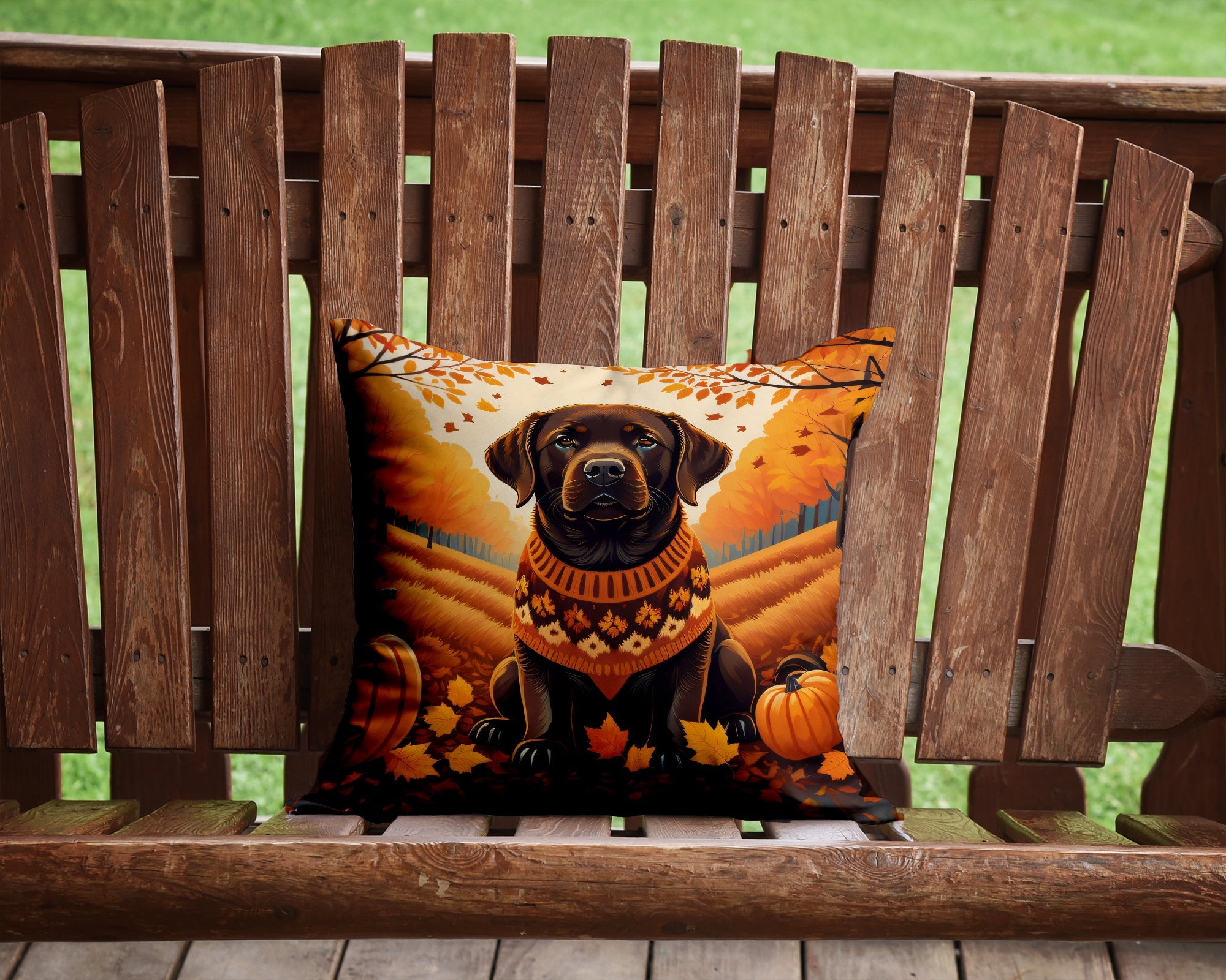 Chocolate Labrador Retriever Fall Decorative Throw Pillow 14x14 Indoor Outdoor Accent Cushion, Fabric Cover with Insert for Sofa, Bed, Porch & Living Room