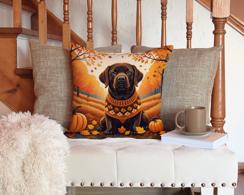 Chocolate Labrador Retriever Fall Decorative Throw Pillow 14x14 Indoor Outdoor Accent Cushion, Fabric Cover with Insert for Sofa, Bed, Porch & Living Room