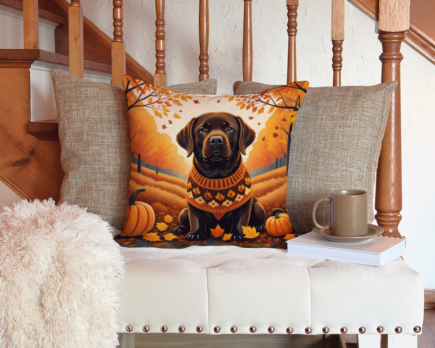 Chocolate Labrador Retriever Fall Decorative Throw Pillow 14x14 Indoor Outdoor Accent Cushion, Fabric Cover with Insert for Sofa, Bed, Porch & Living Room