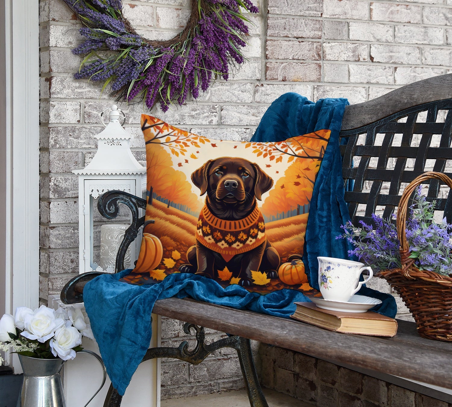 Chocolate Labrador Retriever Fall Decorative Throw Pillow 18x18 Indoor Outdoor Accent Cushion, Fabric Cover with Insert for Sofa, Bed, Porch & Living Room