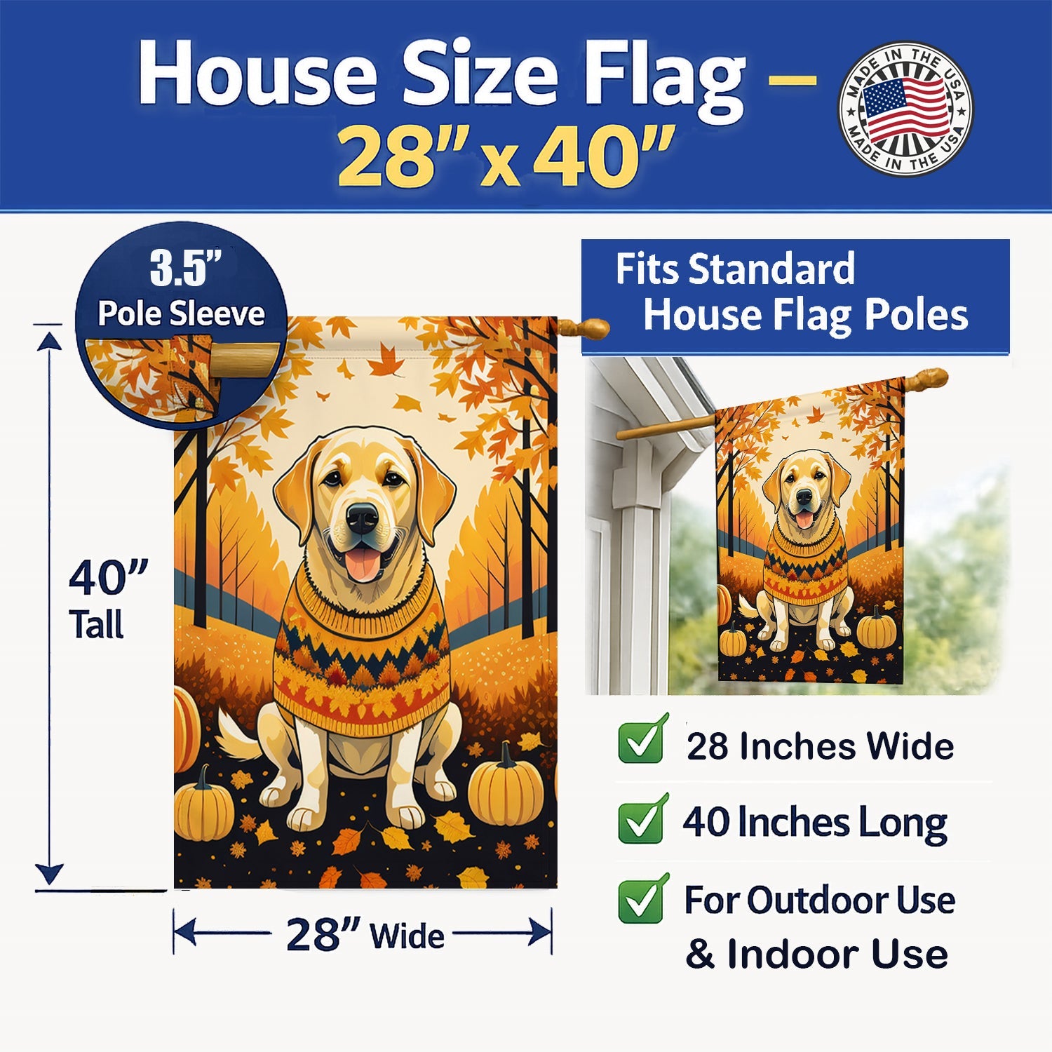 Yellow Labrador Retriever Fall House Flag 28x40 Porch Sleeve Pole Decorative Outside Yard Banner Artwork Wall Hanging, Polyester