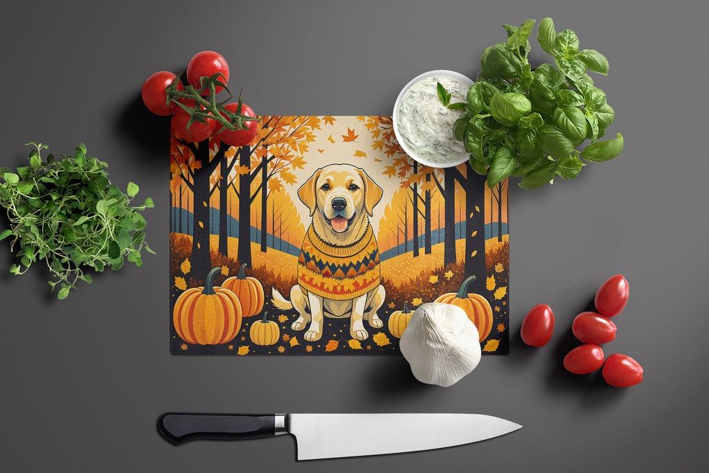 Yellow Labrador Retriever Fall Cutting Board Tempered Glass Kitchen Cutting Surface, Heat Resistant Chopping, Non-Slip Feet, Food Prep & Serving