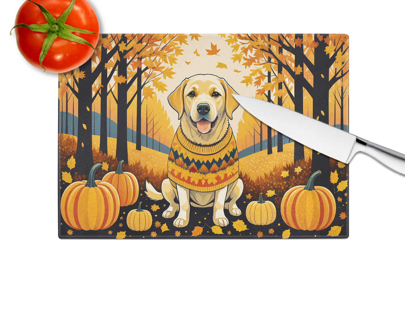 Yellow Labrador Retriever Fall Cutting Board Tempered Glass Kitchen Cutting Surface, Heat Resistant Chopping, Non-Slip Feet, Food Prep & Serving