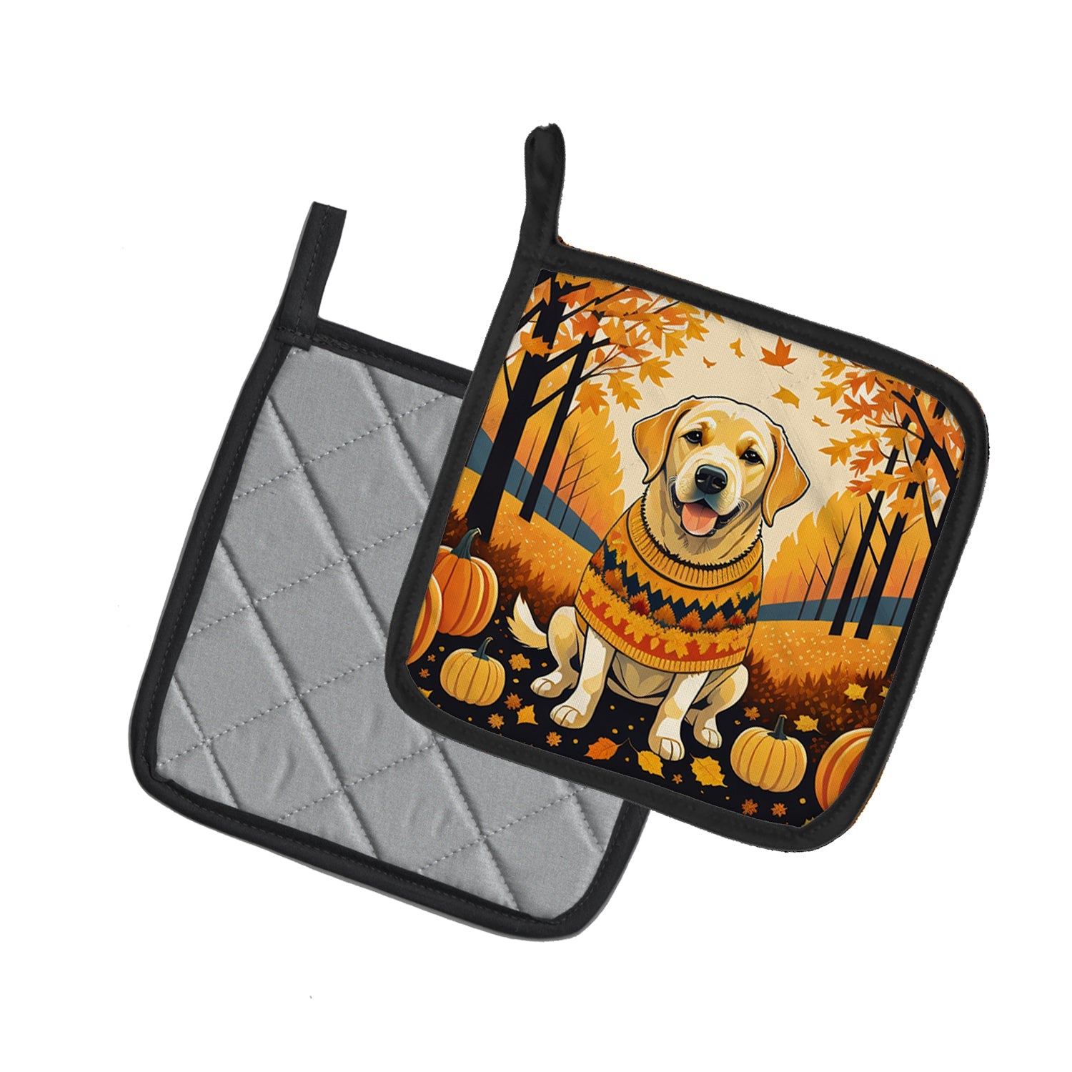Yellow Labrador Retriever Fall Pot Holder Set of 2 Heat Resistant Quilted Hot Pads 7.5 x 7.5 Inch, Insulated Kitchen Trivets for Cooking & Baking