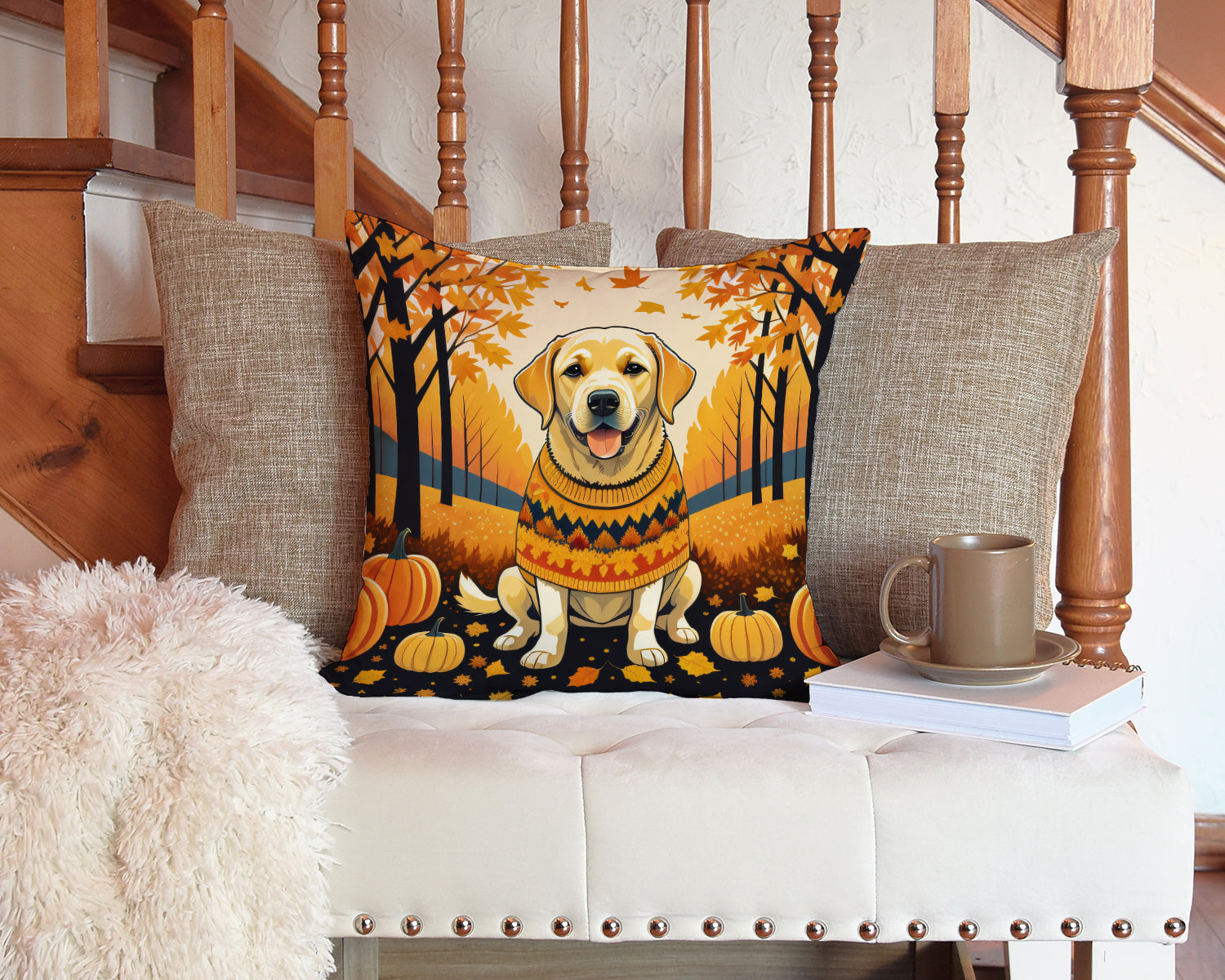 Yellow Labrador Retriever Fall Decorative Throw Pillow 14x14 Indoor Outdoor Accent Cushion, Fabric Cover with Insert for Sofa, Bed, Porch & Living Room