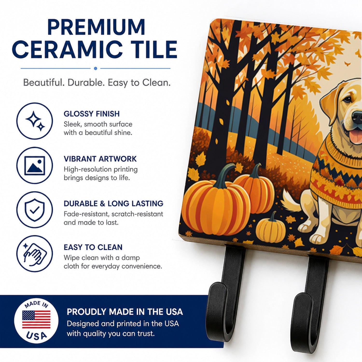 Yellow Labrador Retriever Fall Leash or Key Holder Wall Hooks, Coat Rack Wall Mount, for Hanging Keys, Towels, Aprons, Leashes