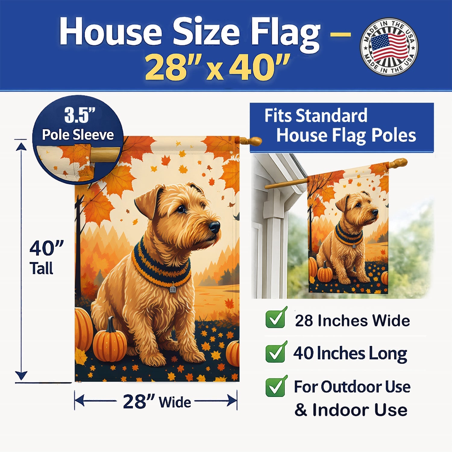 Lakeland Terrier Fall House Flag 28x40 Porch Sleeve Pole Decorative Outside Yard Banner Artwork Wall Hanging, Polyester