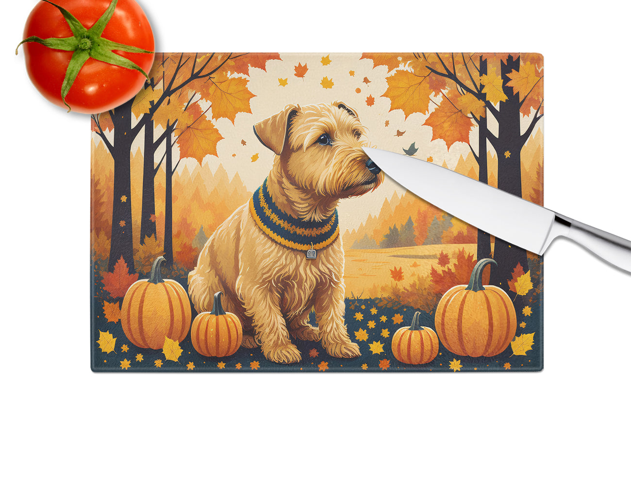 Lakeland Terrier Fall Cutting Board Tempered Glass Kitchen Cutting Surface, Heat Resistant Chopping, Non-Slip Feet, Food Prep & Serving