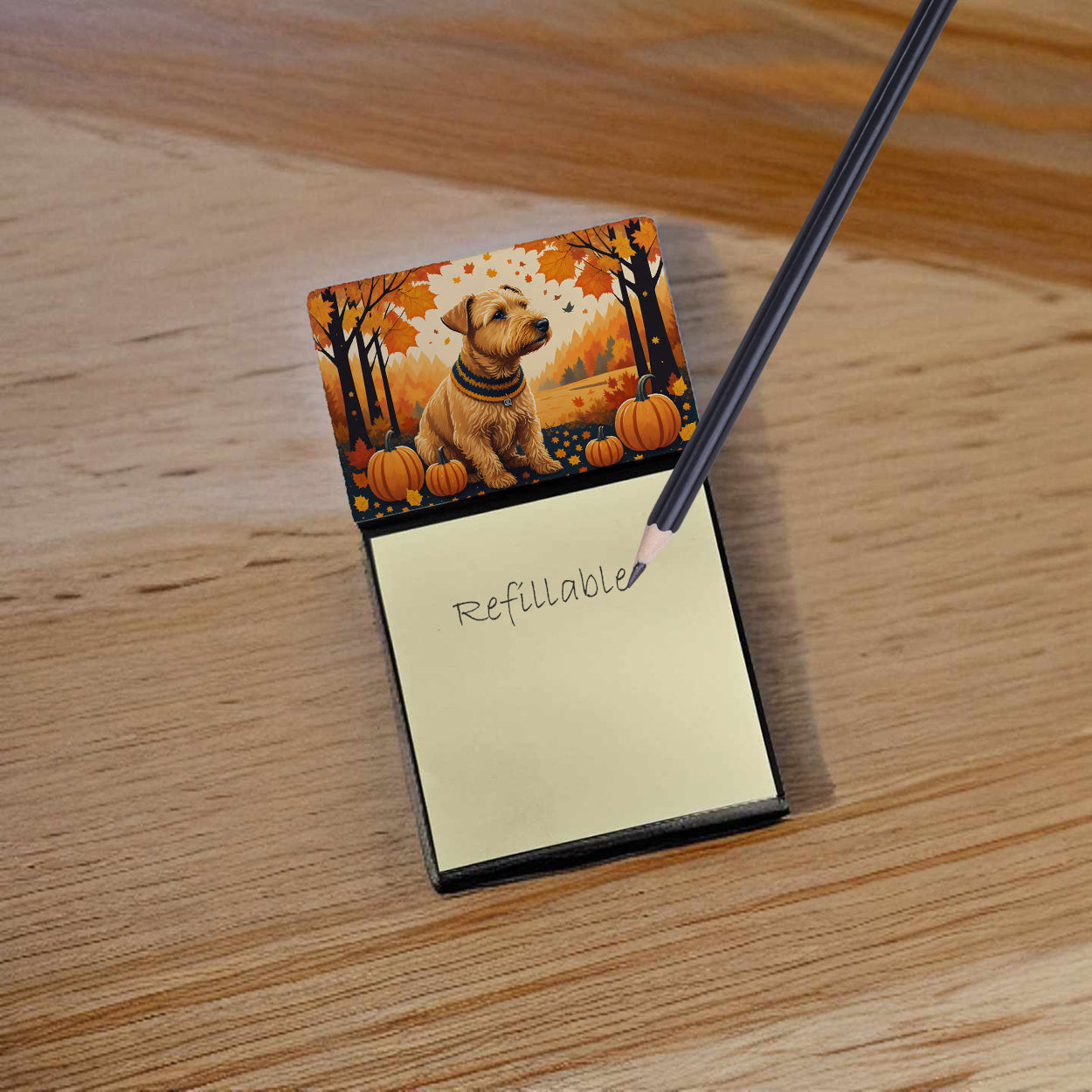 Lakeland Terrier Fall Watercolor Sticky Note Holder Refillable Dispenser Desk Accessory 3x3 Pad Gift