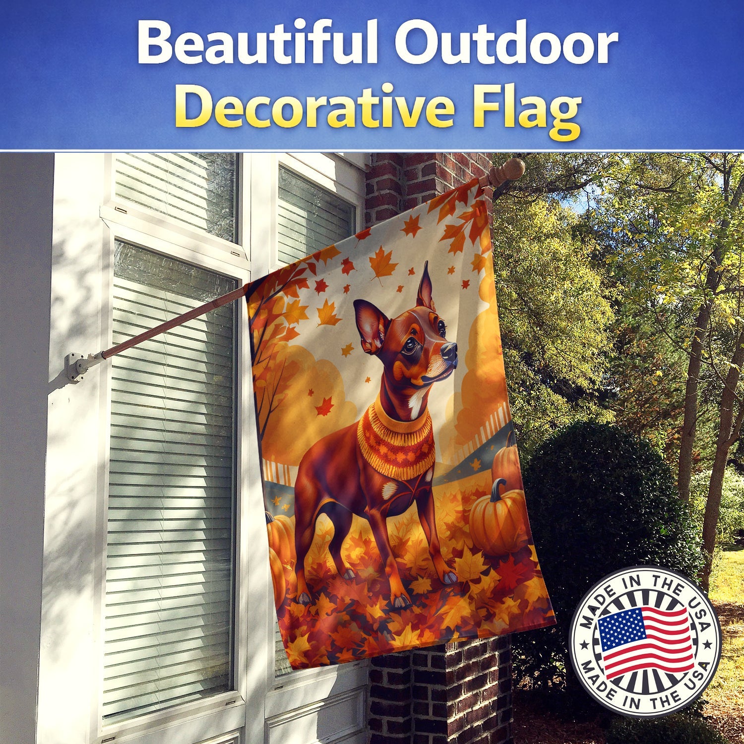 Red Miniature Pinscher Fall House Flag 28x40 Porch Sleeve Pole Decorative Outside Yard Banner Artwork Wall Hanging, Polyester