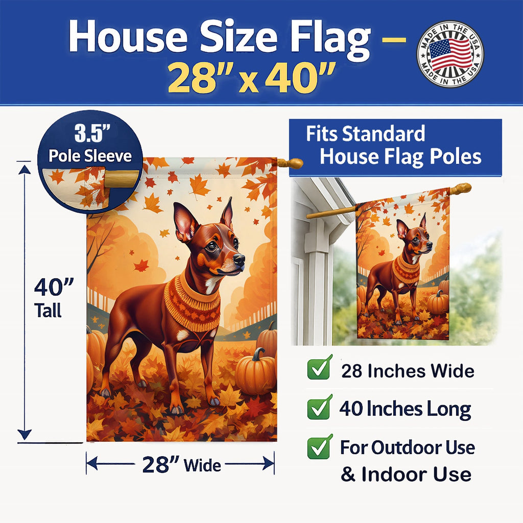 Red Miniature Pinscher Fall House Flag 28x40 Porch Sleeve Pole Decorative Outside Yard Banner Artwork Wall Hanging, Polyester