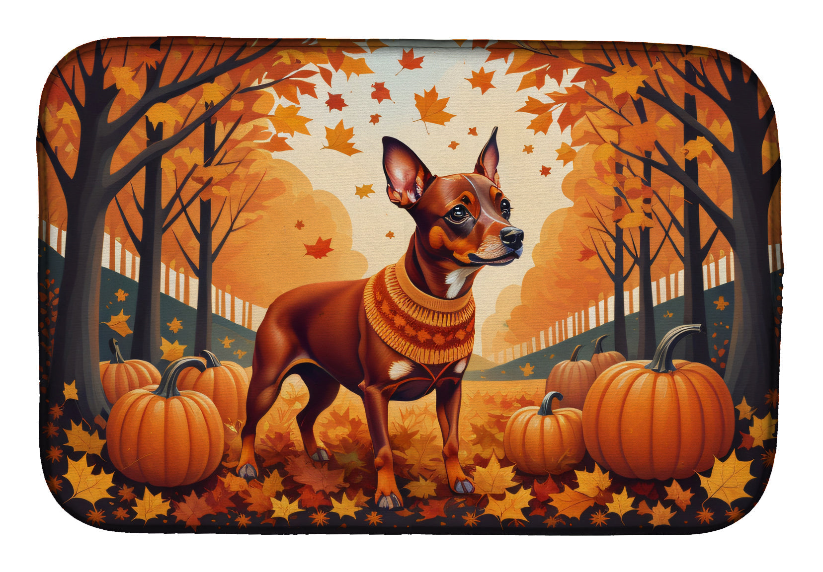 Red Miniature Pinscher Fall Dish Drying Mat Absorbent Dish Drying Mat Pad for Kitchen Counter Dish Drainer Mat for Countertop, 14 x 21", Multicolor