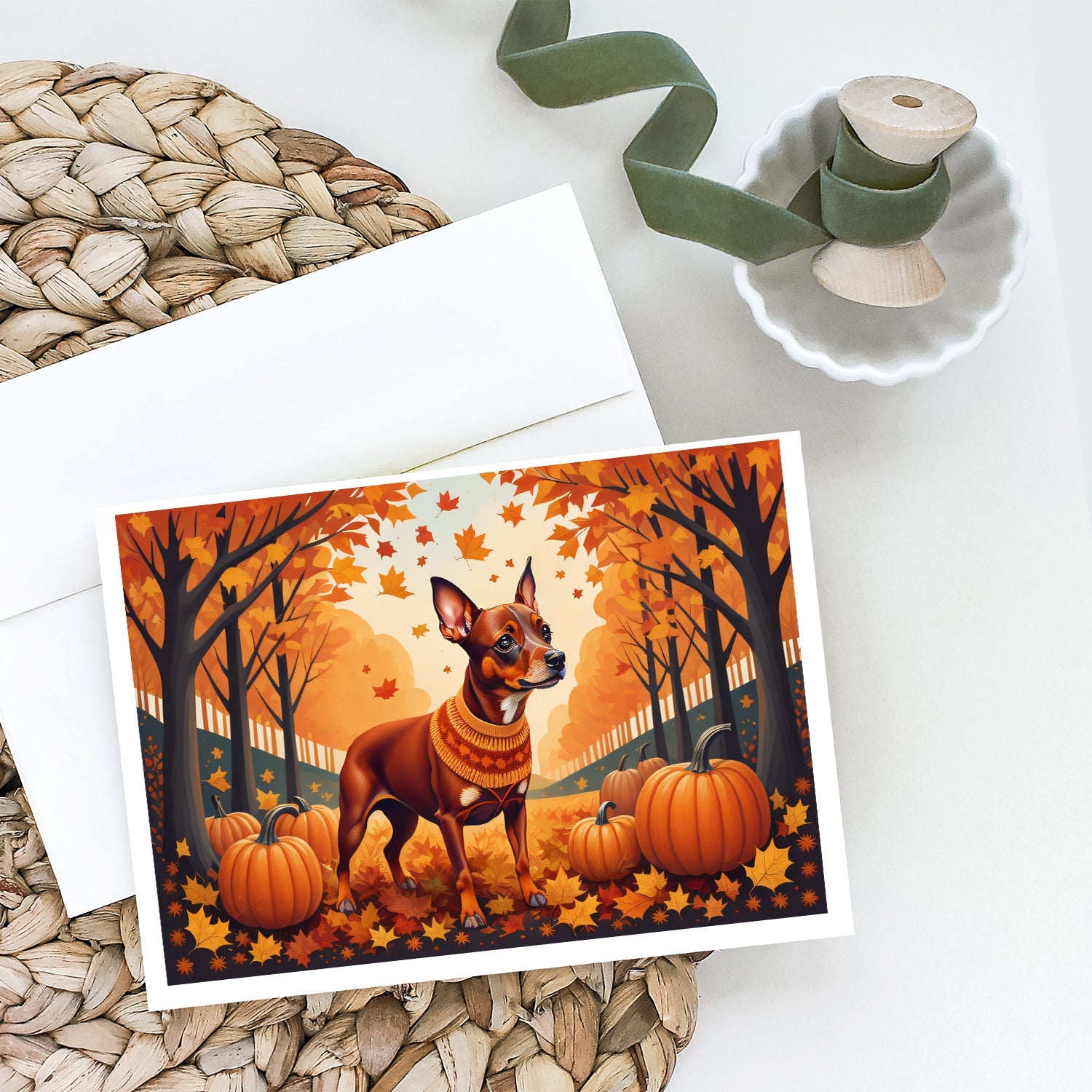 Red Miniature Pinscher Fall Greeting Cards Pack of 8 Blank Cards with Envelopes Whimsical A7 Size 5x7