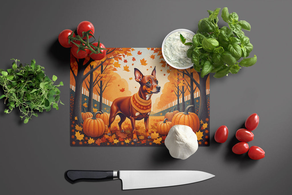 Red Miniature Pinscher Fall Cutting Board Tempered Glass Kitchen Cutting Surface, Heat Resistant Chopping, Non-Slip Feet, Food Prep & Serving