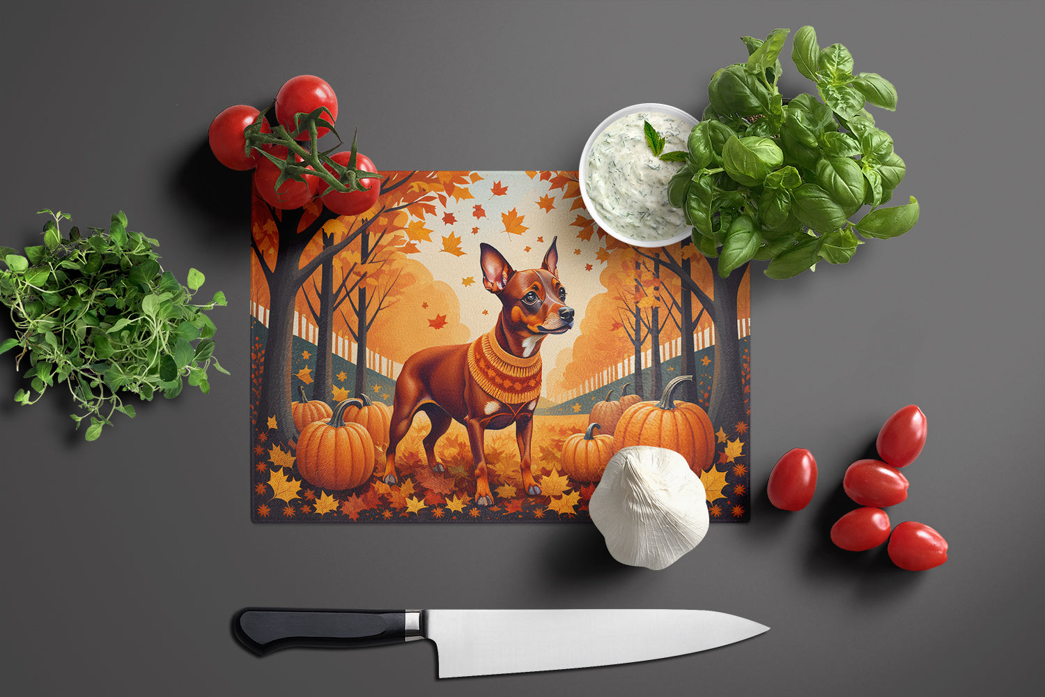 Red Miniature Pinscher Fall Cutting Board Tempered Glass Kitchen Cutting Surface, Heat Resistant Chopping, Non-Slip Feet, Food Prep & Serving