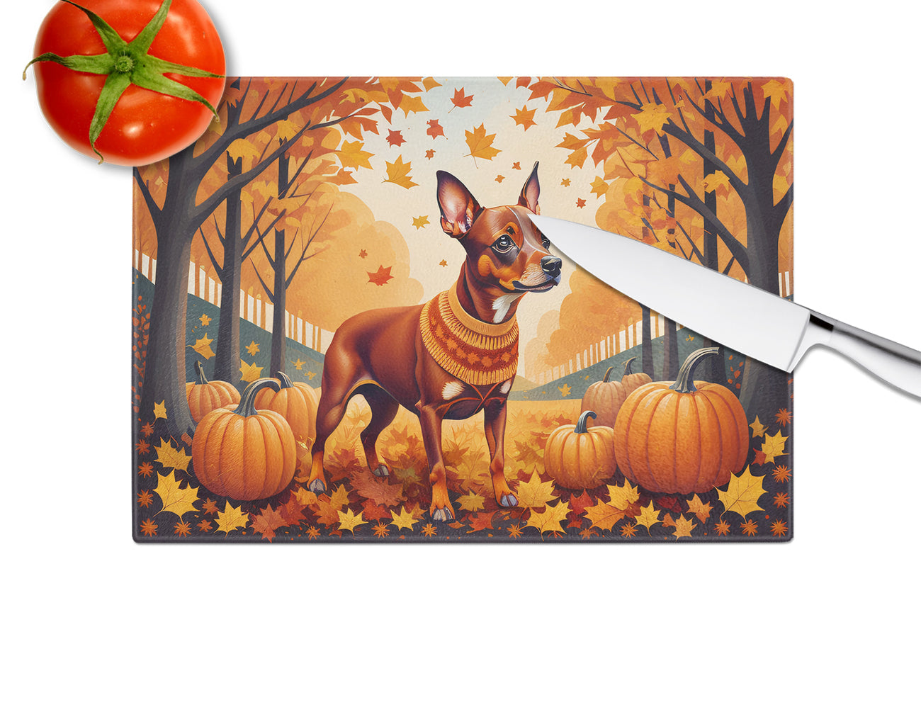 Red Miniature Pinscher Fall Cutting Board Tempered Glass Kitchen Cutting Surface, Heat Resistant Chopping, Non-Slip Feet, Food Prep & Serving