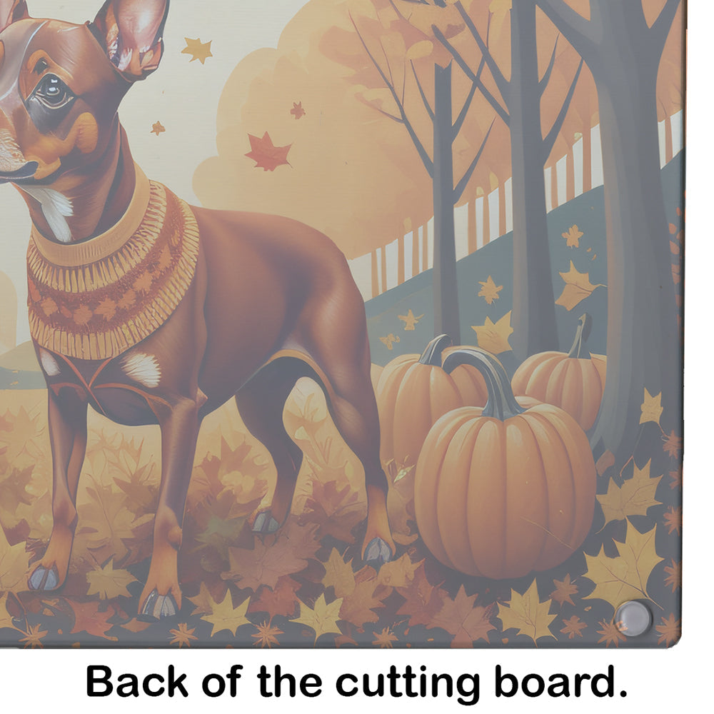 Red Miniature Pinscher Fall Cutting Board Tempered Glass Kitchen Cutting Surface, Heat Resistant Chopping, Non-Slip Feet, Food Prep & Serving