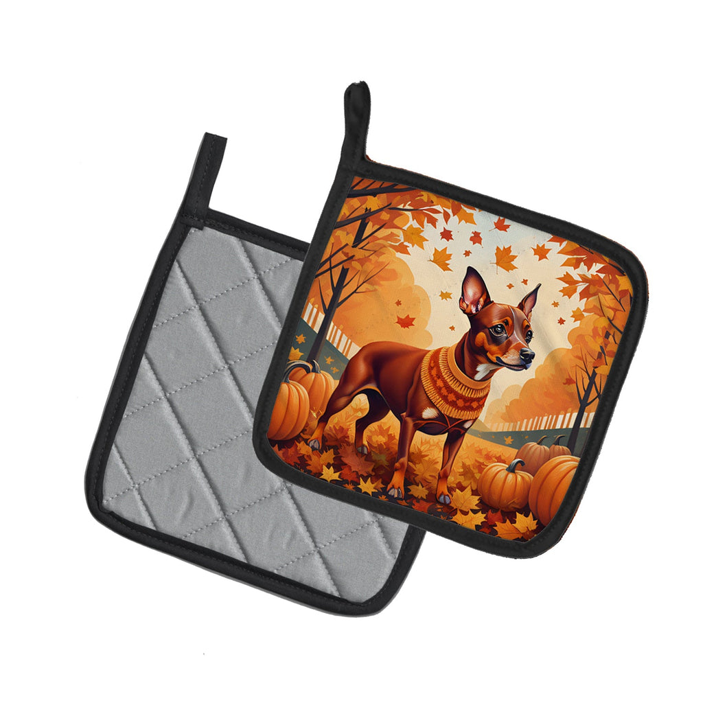 Red Miniature Pinscher Fall Pot Holder Set of 2 Heat Resistant Quilted Hot Pads 7.5 x 7.5 Inch, Insulated Kitchen Trivets for Cooking & Baking