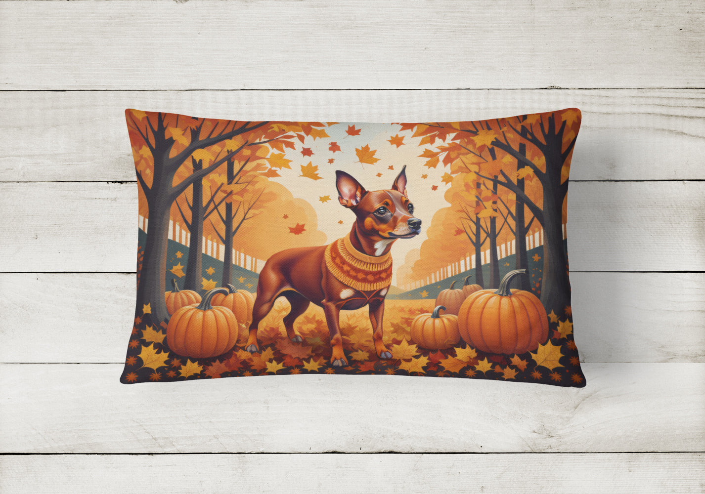 Red Miniature Pinscher Fall Decorative Throw Pillow 12x16 Indoor Outdoor Accent Cushion, Fabric Cover with Insert for Sofa, Bed, Porch & Living Room