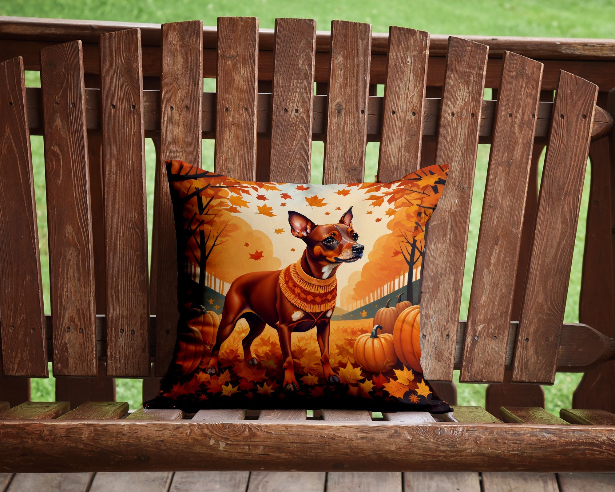Red Miniature Pinscher Fall Decorative Throw Pillow 14x14 Indoor Outdoor Accent Cushion, Fabric Cover with Insert for Sofa, Bed, Porch & Living Room