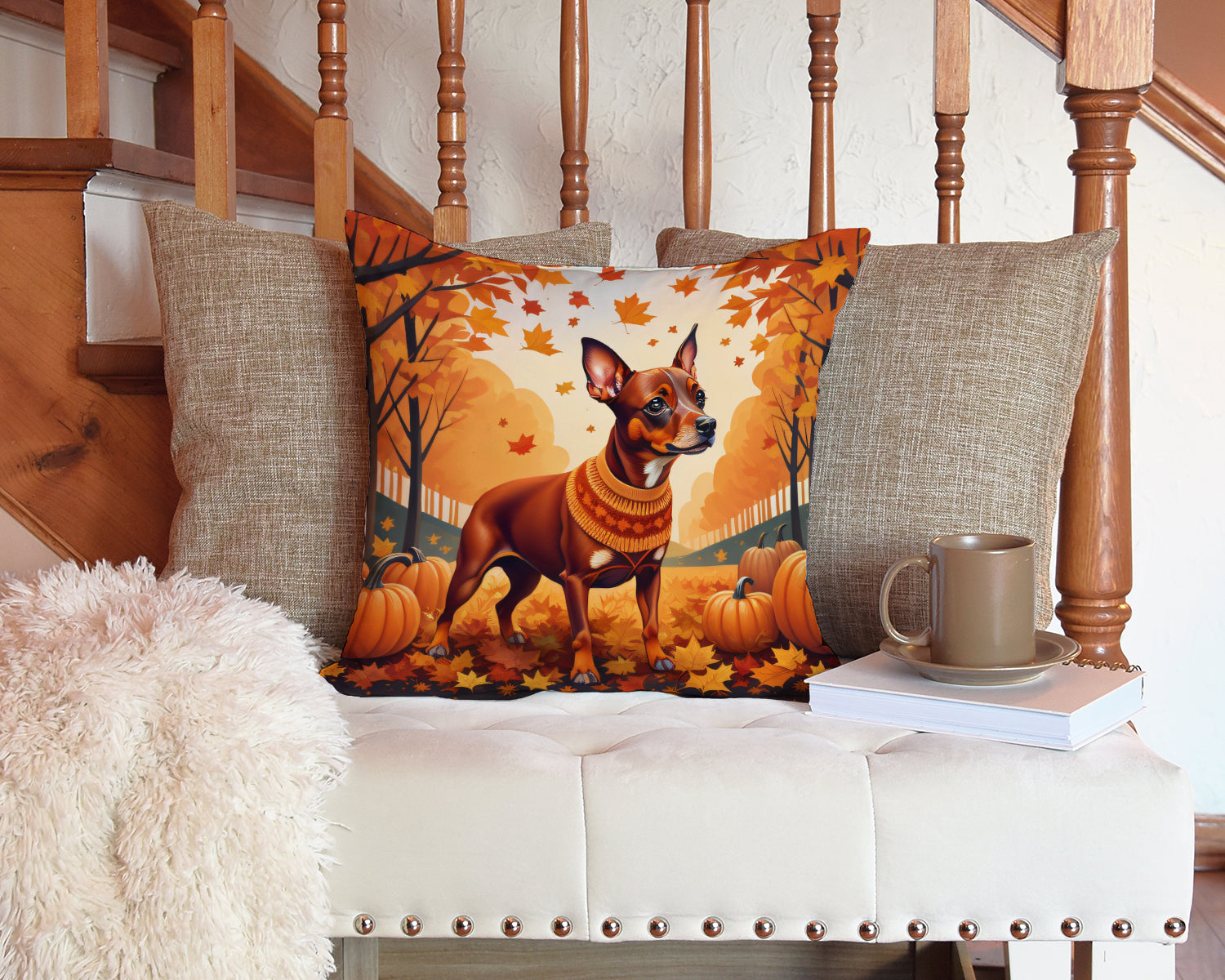 Red Miniature Pinscher Fall Decorative Throw Pillow 14x14 Indoor Outdoor Accent Cushion, Fabric Cover with Insert for Sofa, Bed, Porch & Living Room