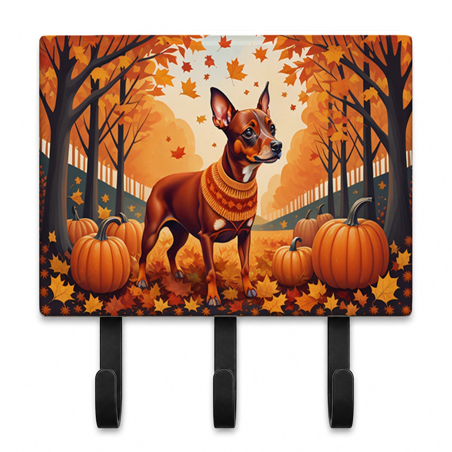 Red Miniature Pinscher Fall Leash or Key Holder Wall Hooks, Coat Rack Wall Mount, for Hanging Keys, Towels, Aprons, Leashes