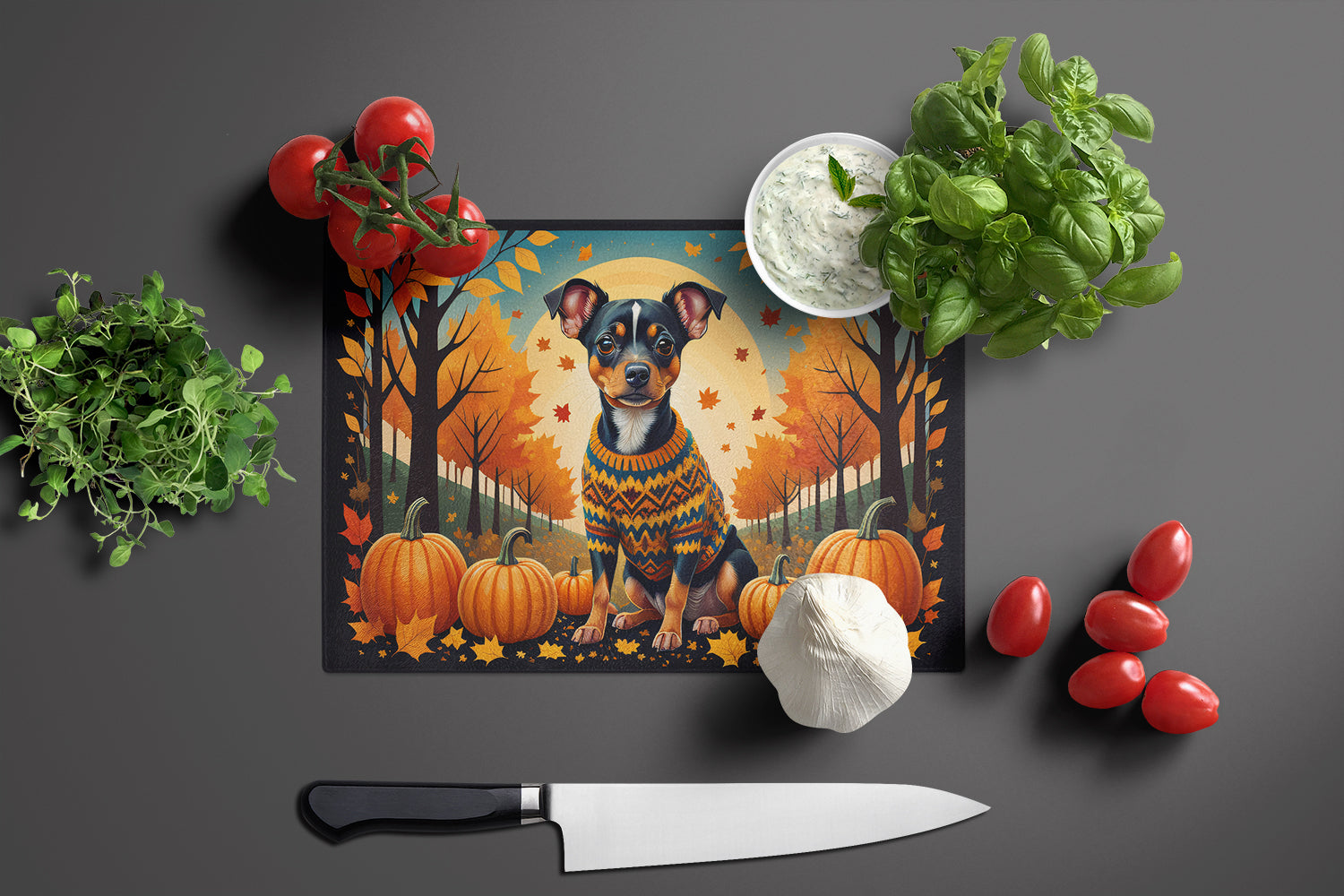 Miniature Pinscher Fall Cutting Board Tempered Glass Kitchen Cutting Surface, Heat Resistant Chopping, Non-Slip Feet, Food Prep & Serving