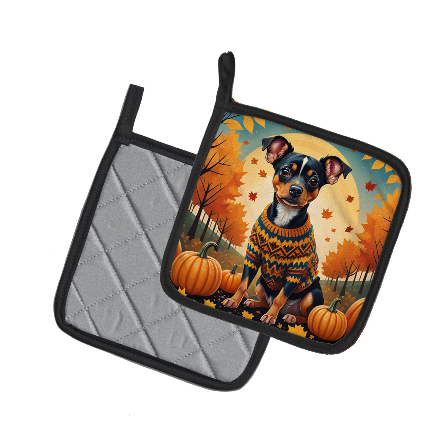 Miniature Pinscher Fall Pot Holder Set of 2 Heat Resistant Quilted Hot Pads 7.5 x 7.5 Inch, Insulated Kitchen Trivets for Cooking & Baking