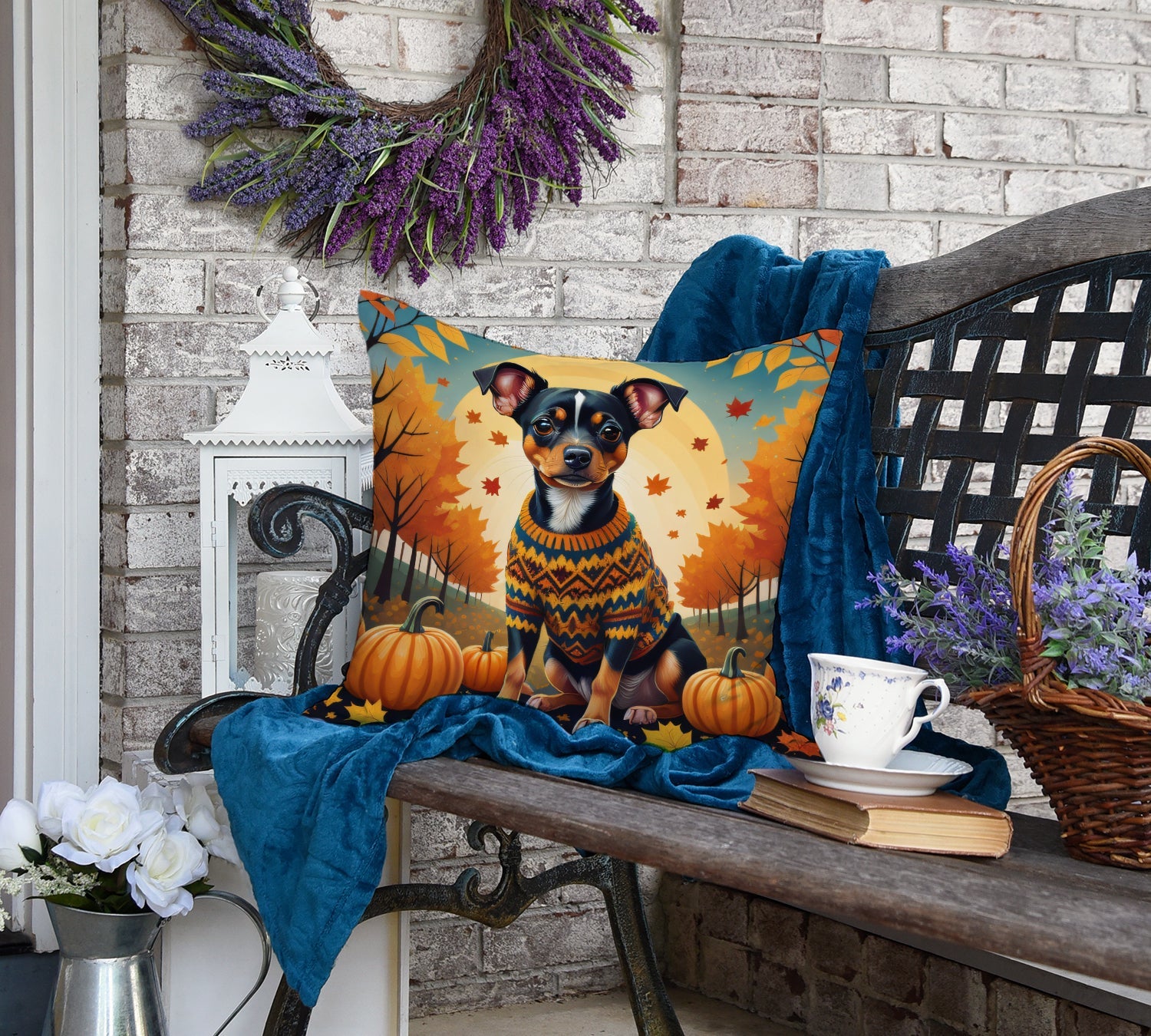 Miniature Pinscher Fall Decorative Throw Pillow 18x18 Indoor Outdoor Accent Cushion, Fabric Cover with Insert for Sofa, Bed, Porch & Living Room