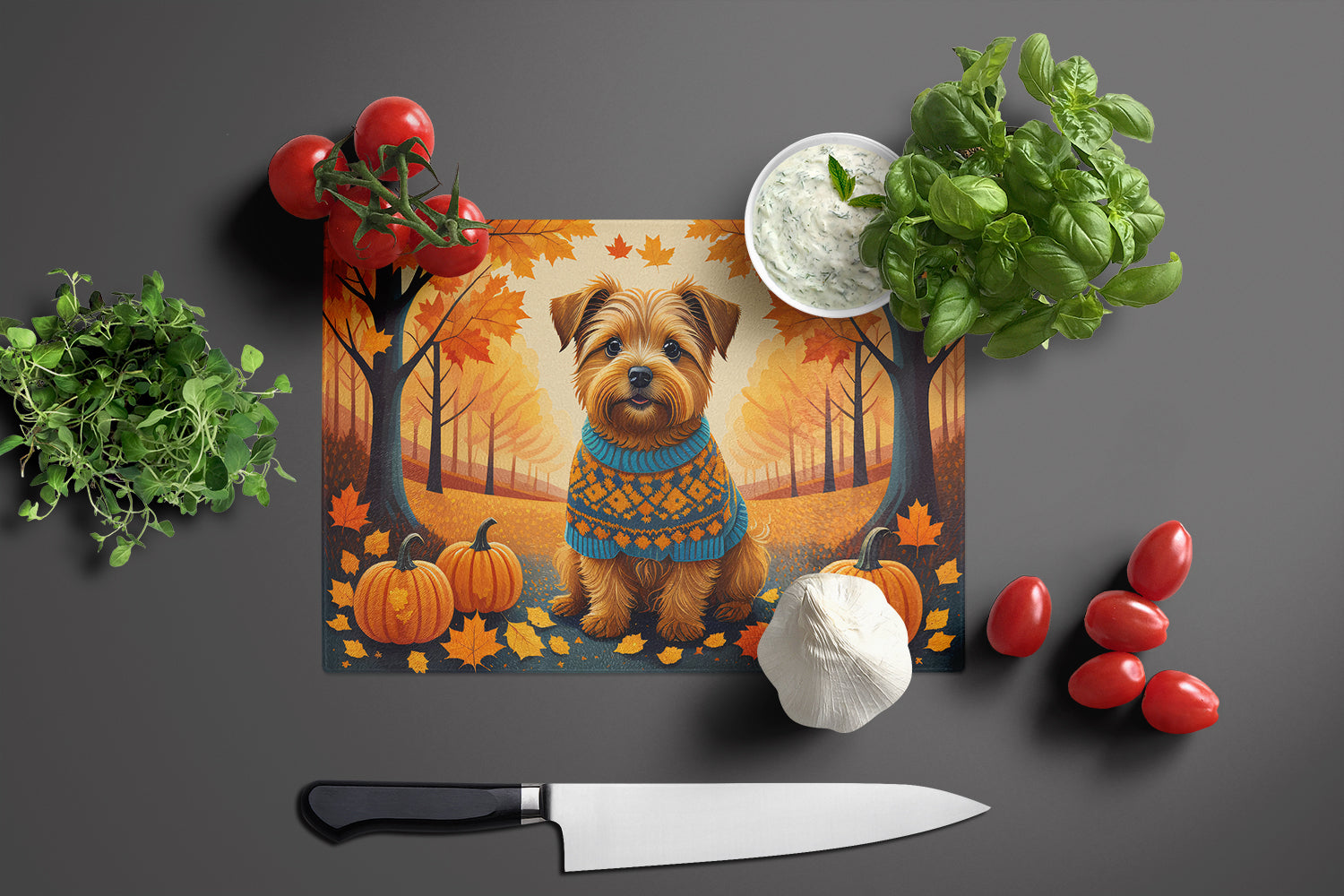 Norfolk Terrier Fall Cutting Board Tempered Glass Kitchen Cutting Surface, Heat Resistant Chopping, Non-Slip Feet, Food Prep & Serving