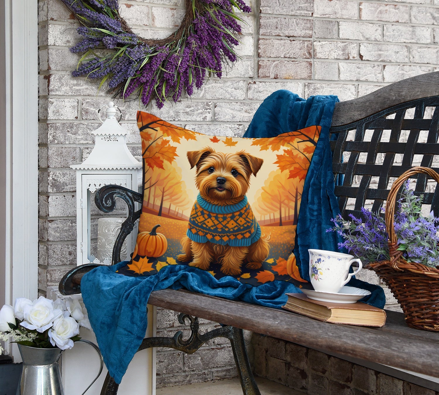 Norfolk Terrier Fall Decorative Throw Pillow 18x18 Indoor Outdoor Accent Cushion, Fabric Cover with Insert for Sofa, Bed, Porch & Living Room