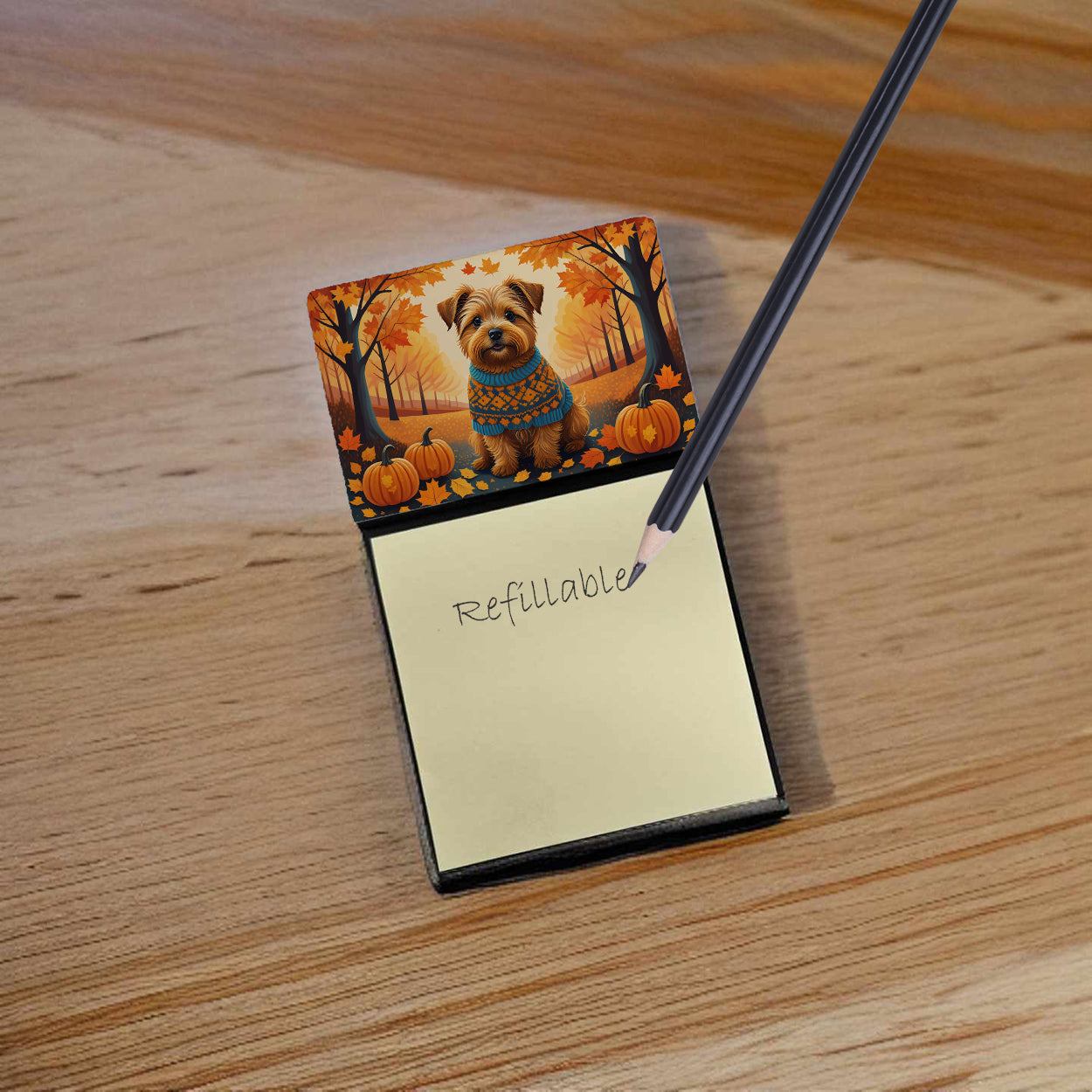Norfolk Terrier Fall Watercolor Sticky Note Holder Refillable Dispenser Desk Accessory 3x3 Pad Gift