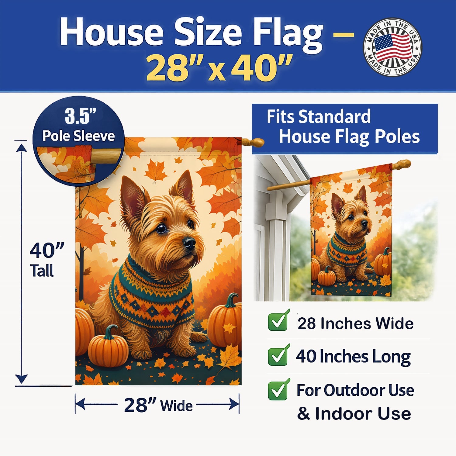 Norwich Terrier Fall House Flag 28x40 Porch Sleeve Pole Decorative Outside Yard Banner Artwork Wall Hanging, Polyester