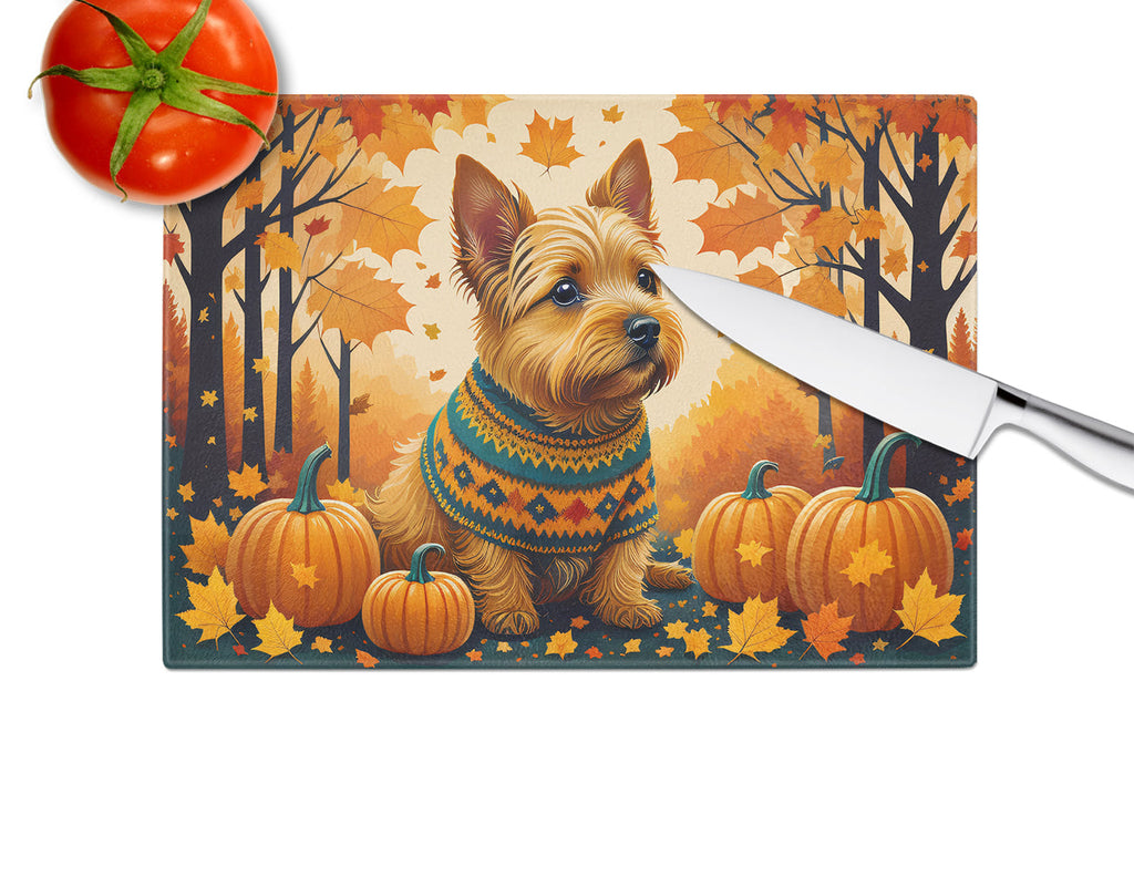 Norwich Terrier Fall Cutting Board Tempered Glass Kitchen Cutting Surface, Heat Resistant Chopping, Non-Slip Feet, Food Prep & Serving