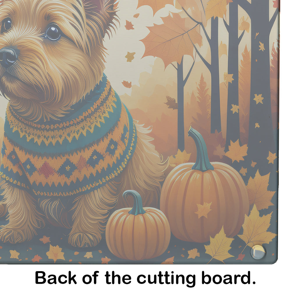 Norwich Terrier Fall Cutting Board Tempered Glass Kitchen Cutting Surface, Heat Resistant Chopping, Non-Slip Feet, Food Prep & Serving