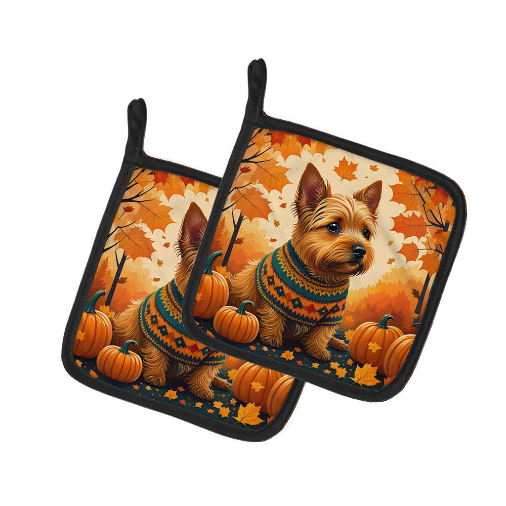 Norwich Terrier Fall Pot Holder Set of 2 Heat Resistant Quilted Hot Pads 7.5 x 7.5 Inch, Insulated Kitchen Trivets for Cooking & Baking