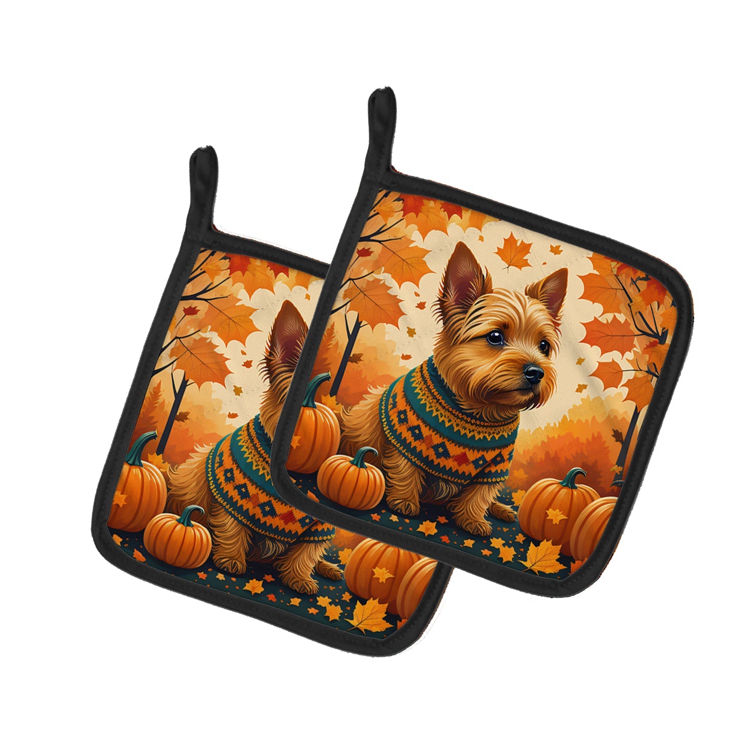 Norwich Terrier Fall Pot Holder Set of 2 Heat Resistant Quilted Hot Pads 7.5 x 7.5 Inch, Insulated Kitchen Trivets for Cooking & Baking