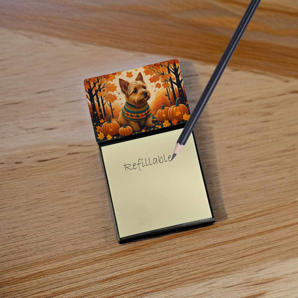 Norwich Terrier Fall Watercolor Sticky Note Holder Refillable Dispenser Desk Accessory 3x3 Pad Gift