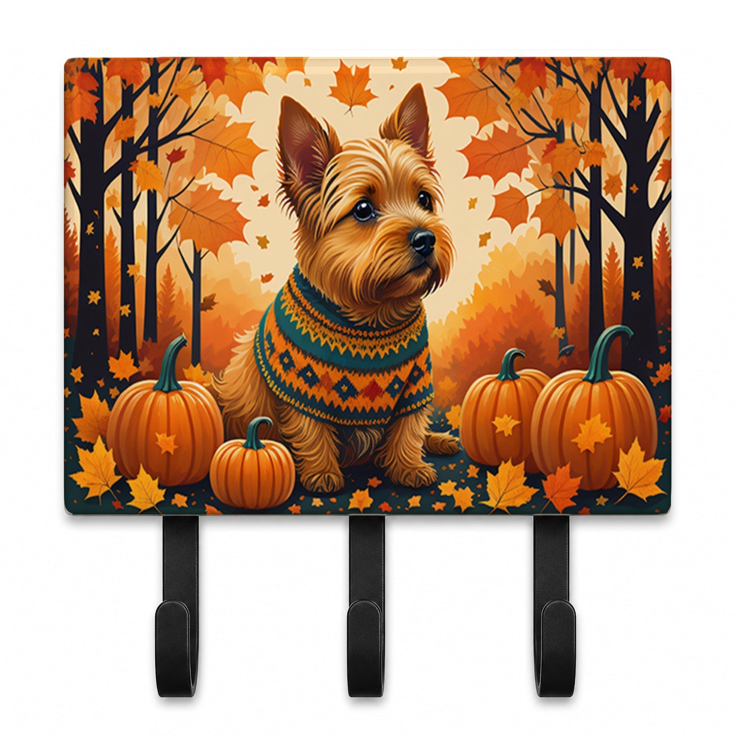 Norwich Terrier Fall Leash or Key Holder Wall Hooks, Coat Rack Wall Mount, for Hanging Keys, Towels, Aprons, Leashes