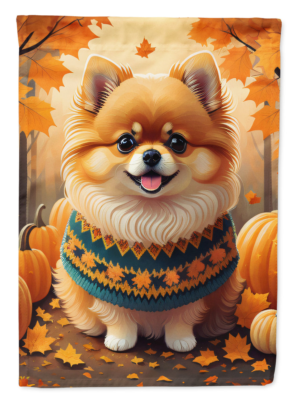 Pomeranian Fall House Flag 28x40 Porch Sleeve Pole Decorative Outside Yard Banner Artwork Wall Hanging, Polyester