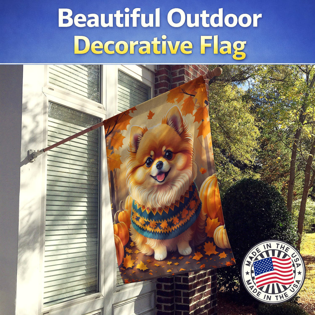 Pomeranian Fall House Flag 28x40 Porch Sleeve Pole Decorative Outside Yard Banner Artwork Wall Hanging, Polyester