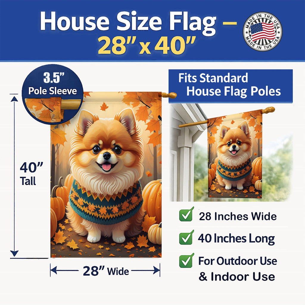Pomeranian Fall House Flag 28x40 Porch Sleeve Pole Decorative Outside Yard Banner Artwork Wall Hanging, Polyester