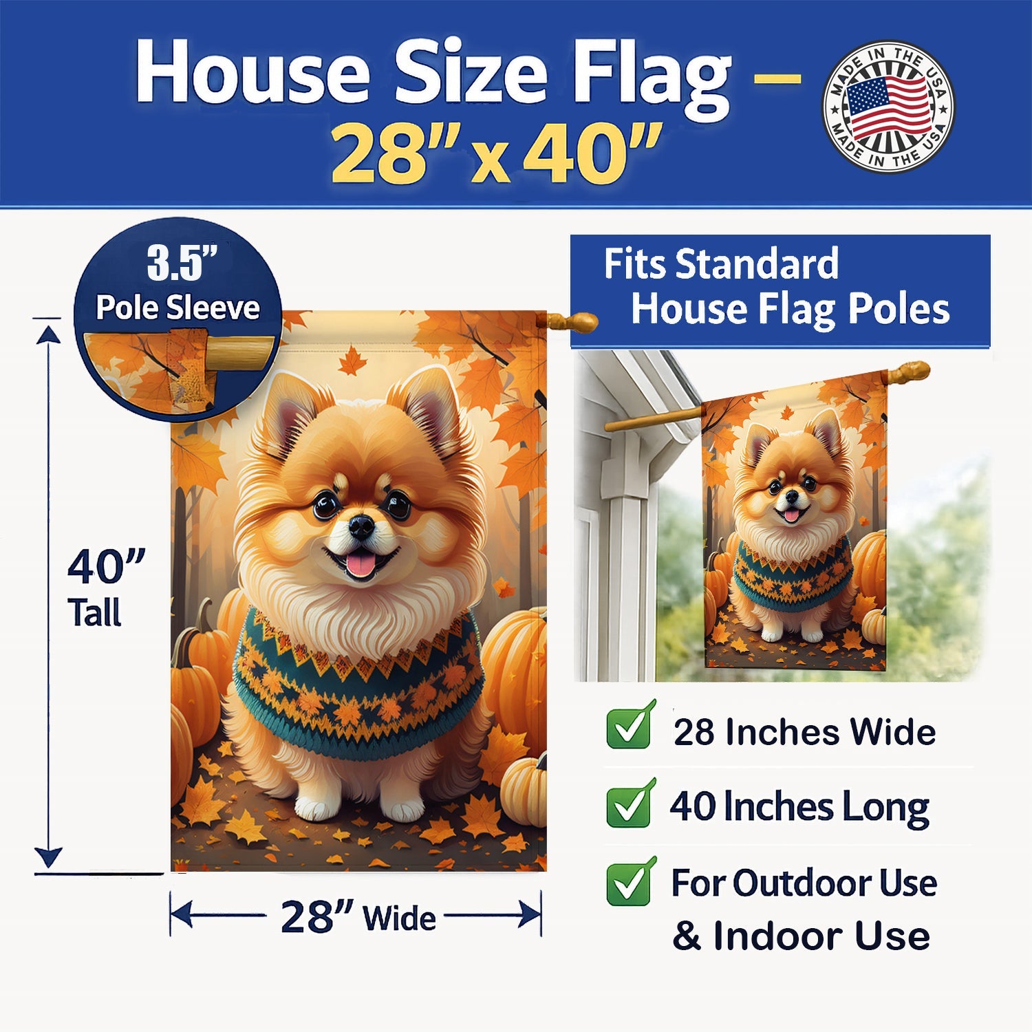 Pomeranian Fall House Flag 28x40 Porch Sleeve Pole Decorative Outside Yard Banner Artwork Wall Hanging, Polyester