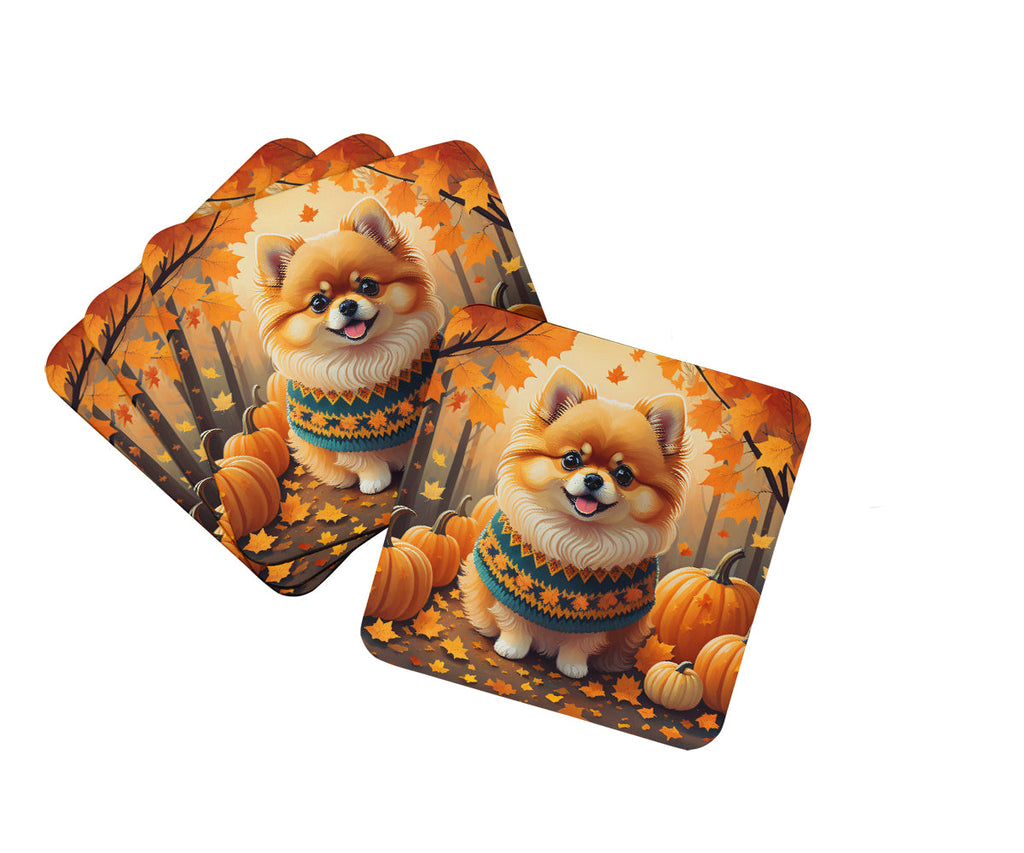 Pomeranian Fall Foam Coasters Set of 4 Cup Coasters for Indoor Outdoor, Tabletop Protection, Anti Slip, Mouse pad Material