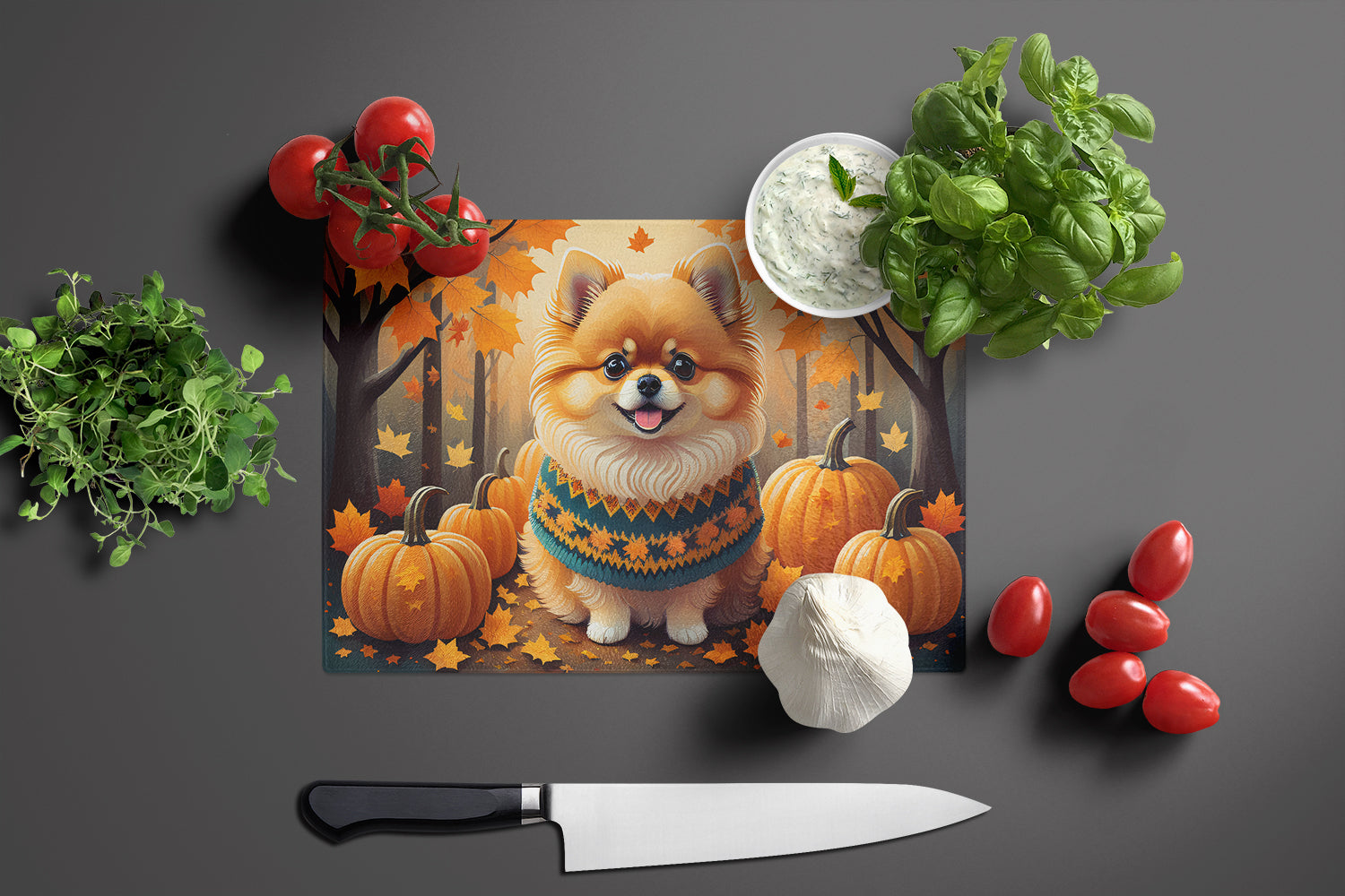 Pomeranian Fall Cutting Board Tempered Glass Kitchen Cutting Surface, Heat Resistant Chopping, Non-Slip Feet, Food Prep & Serving