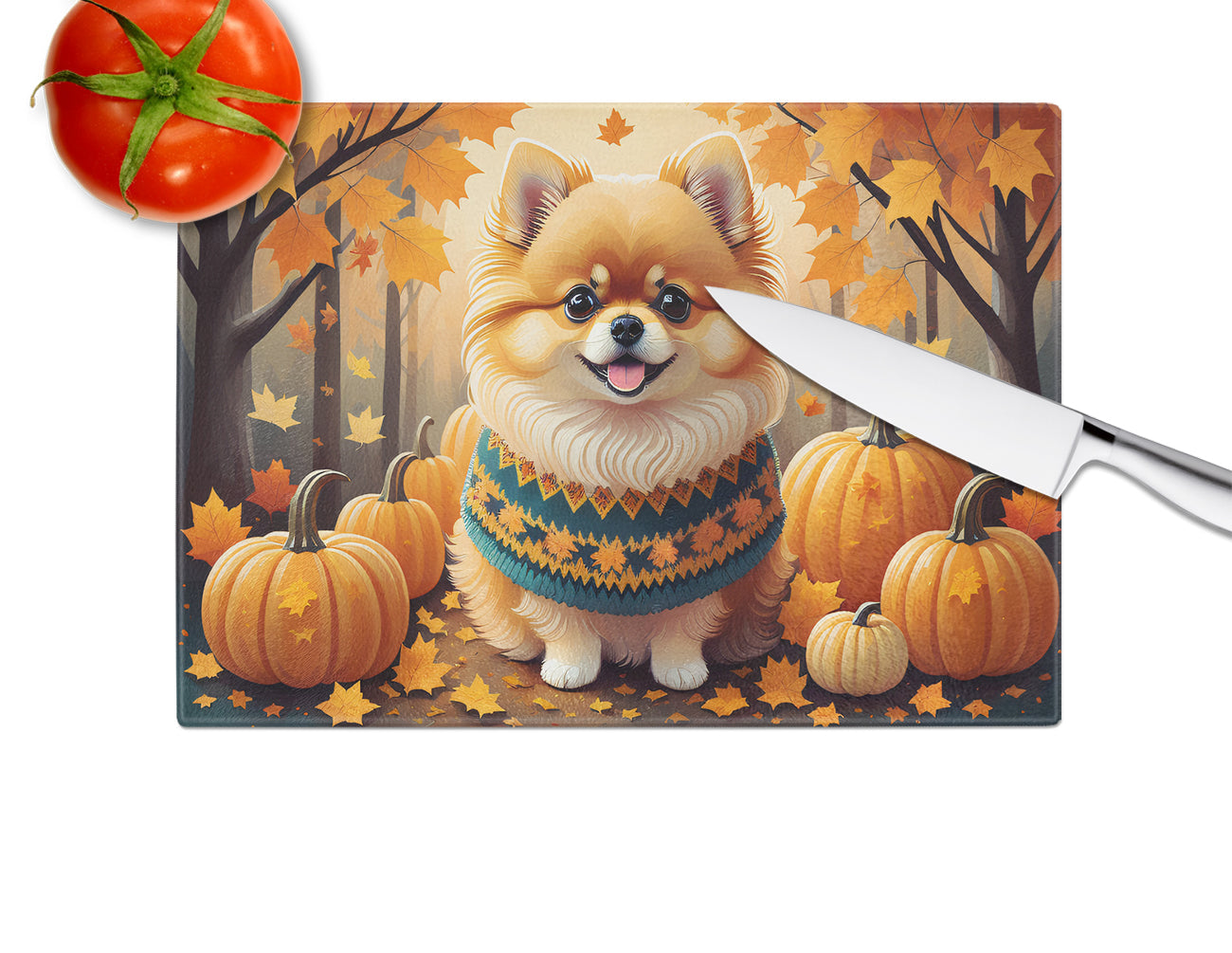 Pomeranian Fall Cutting Board Tempered Glass Kitchen Cutting Surface, Heat Resistant Chopping, Non-Slip Feet, Food Prep & Serving
