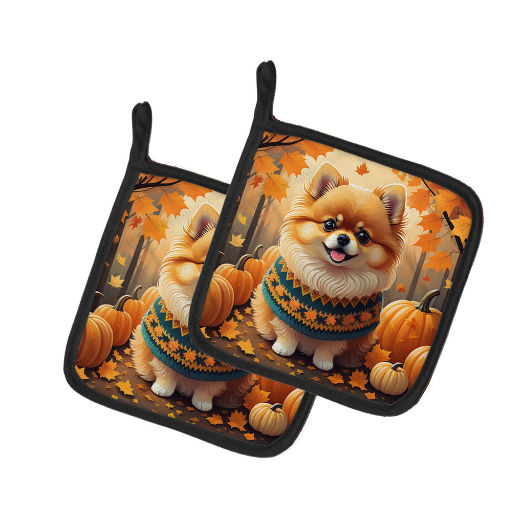 Pomeranian Fall Pot Holder Set of 2 Heat Resistant Quilted Hot Pads 7.5 x 7.5 Inch, Insulated Kitchen Trivets for Cooking & Baking